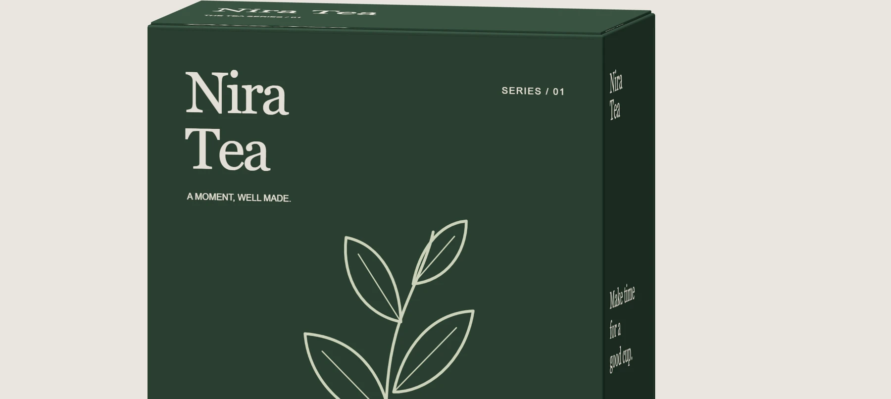 Close-up of the carton fold, Nira name treatment and botanical line artwork