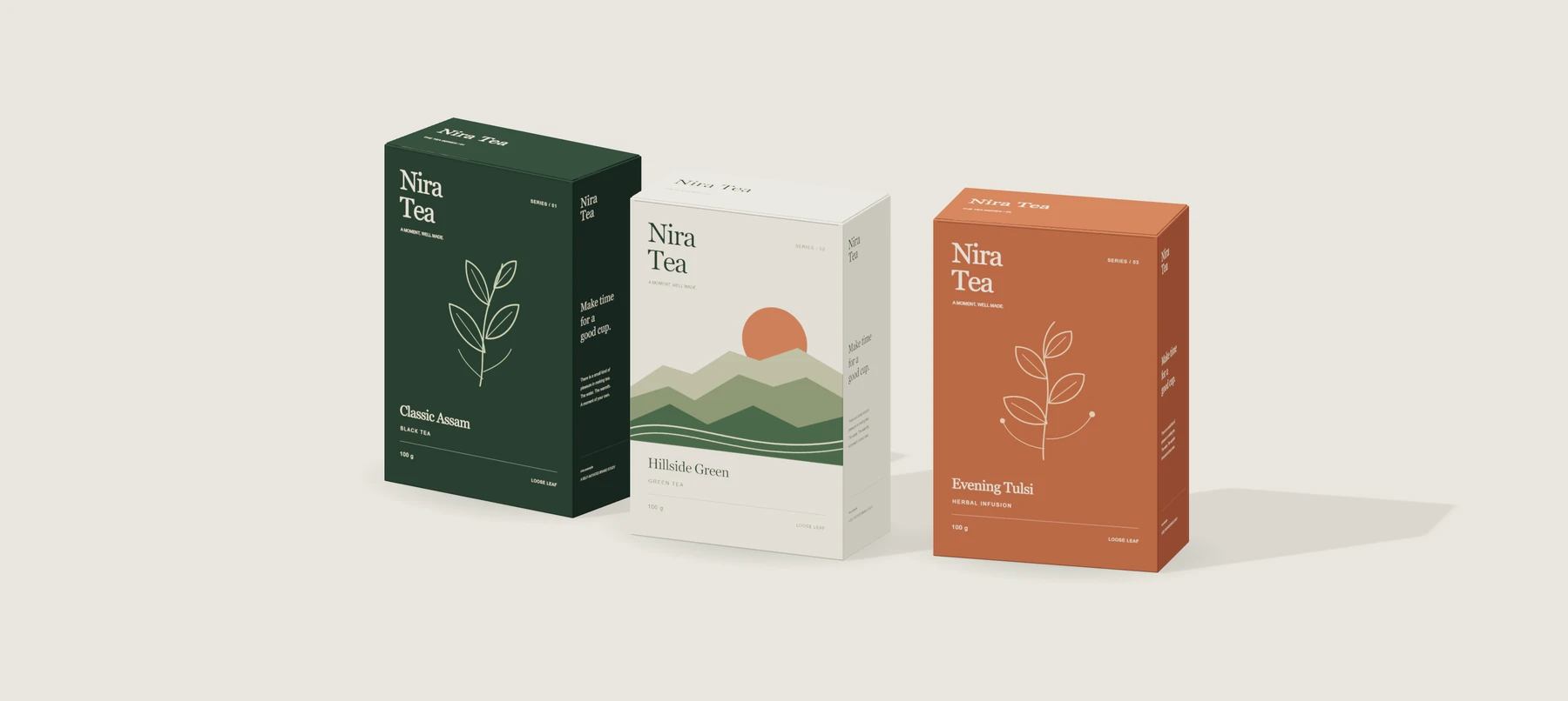 Three modelled Nira Tea cartons in forest, cream and clay, with their actual front and side artwork