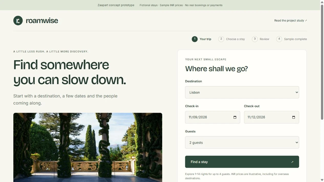 Actual desktop search screen of the coded Roamwise prototype, using editorial travel photography